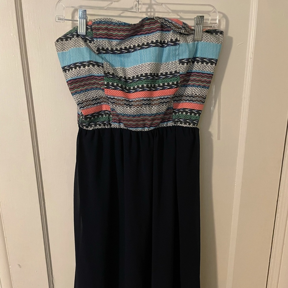 Tribal print strapless dress with navy blue skirt